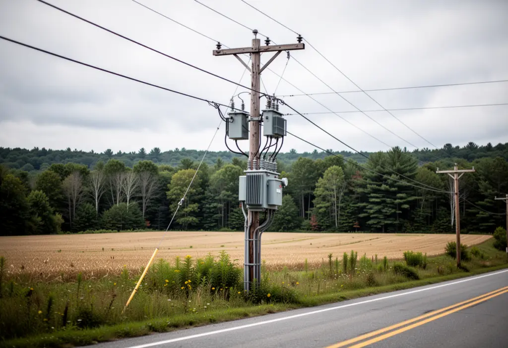 A rural power line and pole-mounted transformer along a country road in upstate New York, fields and woodland behind
