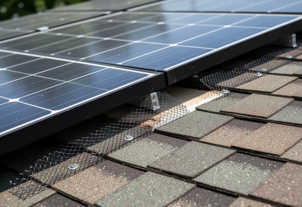 The underside edge of a rooftop solar array showing the gap between panels and shingles with mesh guard fitted, close detail