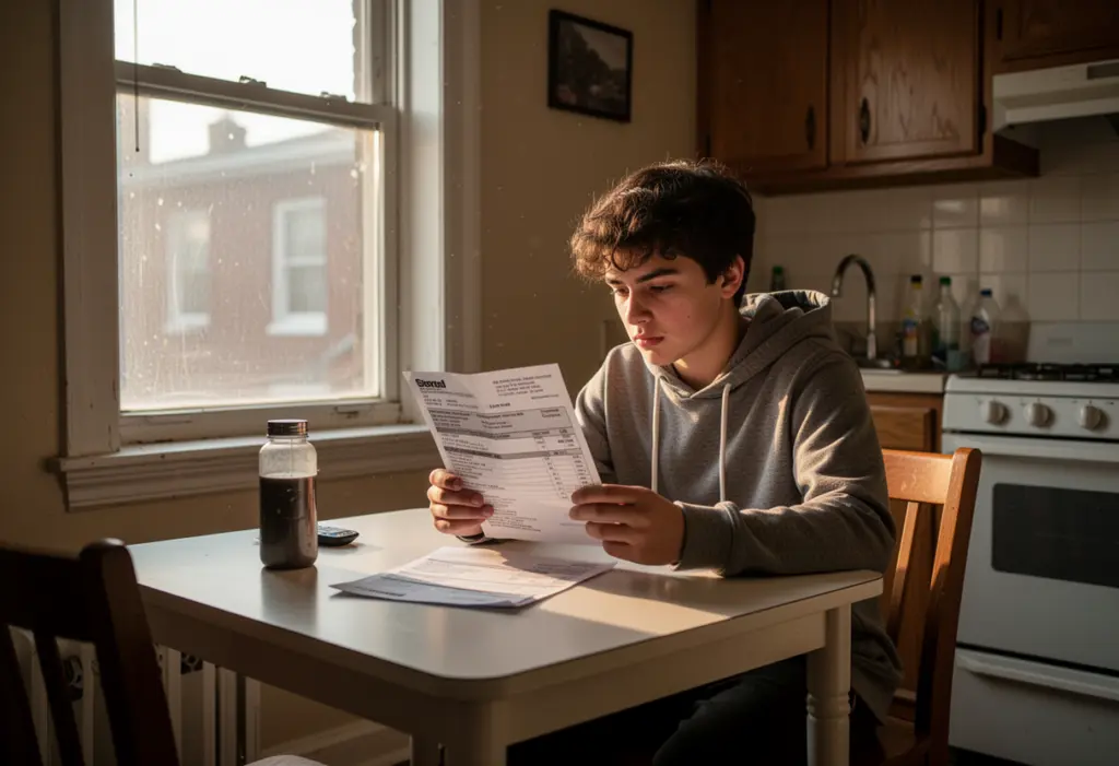 A young tenant reading a paper utility bill at a small kitchen table in a rented apartment in Albany New York