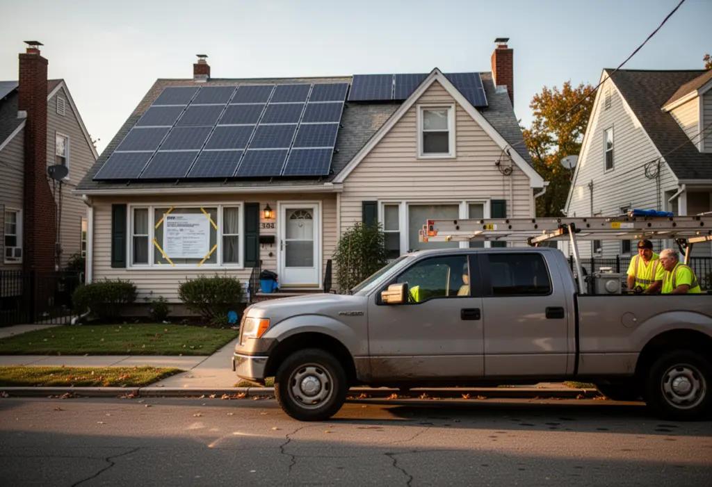 A solar installation crew truck parked outside a New York house with a permit placard taped inside a front window