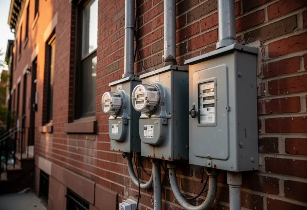 A residential electric meter and utility service panel on the exterior brick wall of a New York City row house