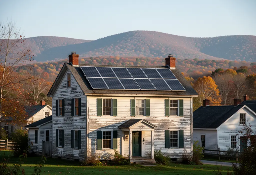 A nineteenth century village house with rooftop solar panels in Saugerties New York, Catskill foothills behind, clear autumn morning