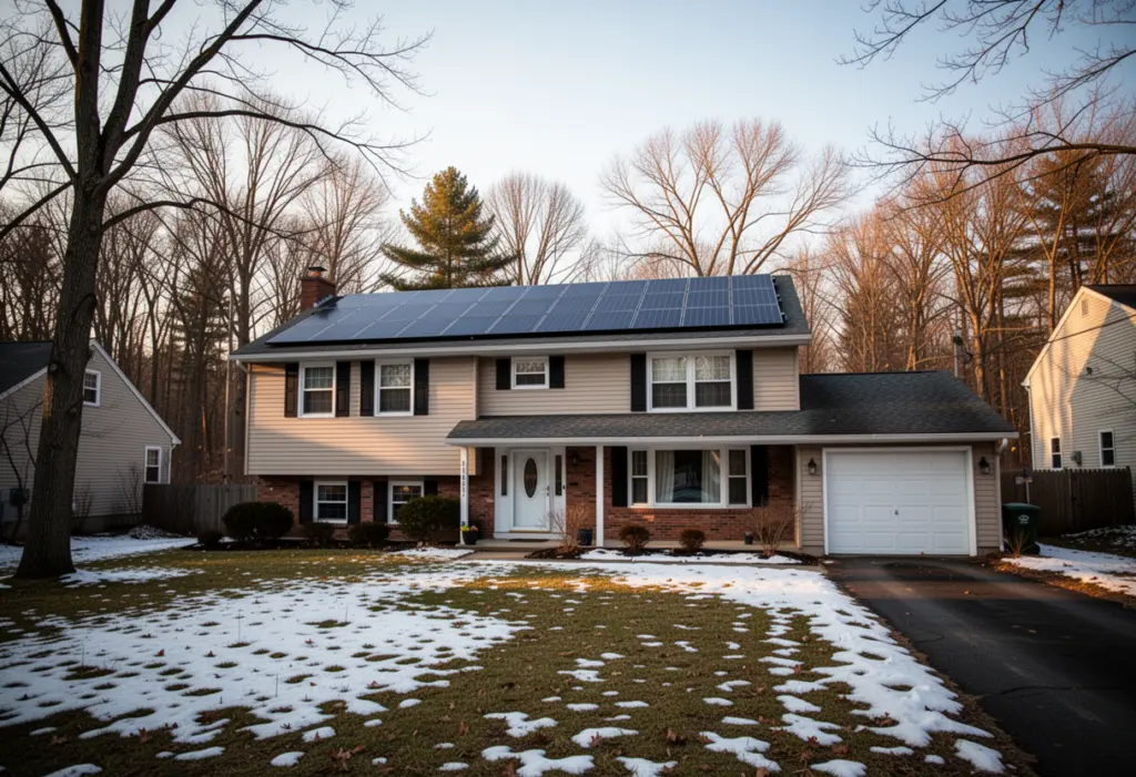 A suburban split level house with a south facing rooftop solar array on a wooded street west of Syracuse New York