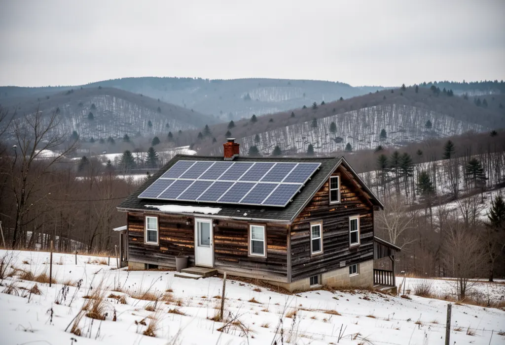 A wood-frame house with rooftop solar panels on a hillside in the snowy hills of western New York, forested ridges behind