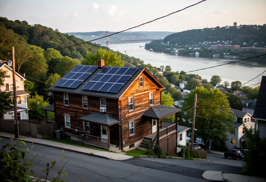A wood-frame house with rooftop solar panels on a steep hillside street above the Hudson River at Peekskill New York