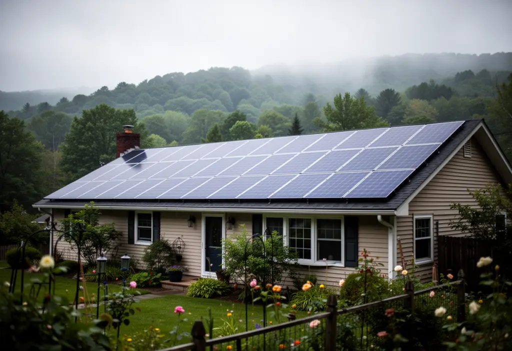 A newly installed rooftop solar array on a Hudson Valley house seen from the garden, wooded hills behind, cool overcast daylight