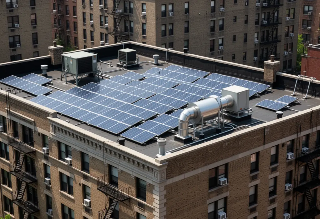 The flat roof of a low-rise apartment building in New York covered with solar panels, mechanical equipment and parapet visible