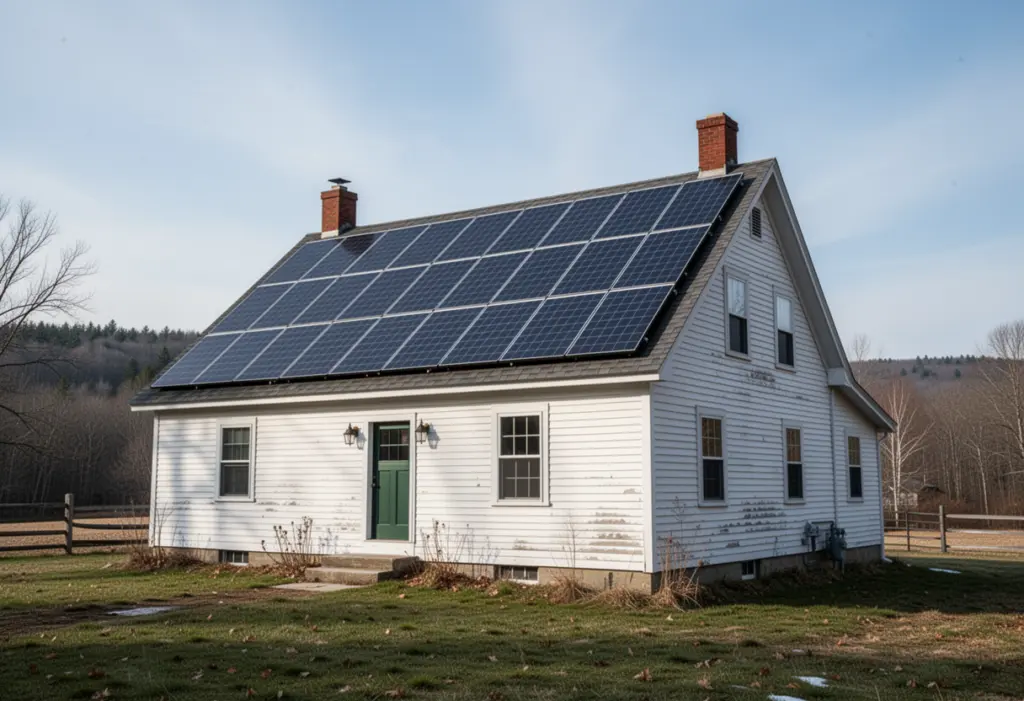 A newly installed rooftop solar array on a rural upstate New York farmhouse seen from the yard, clear cool daylight