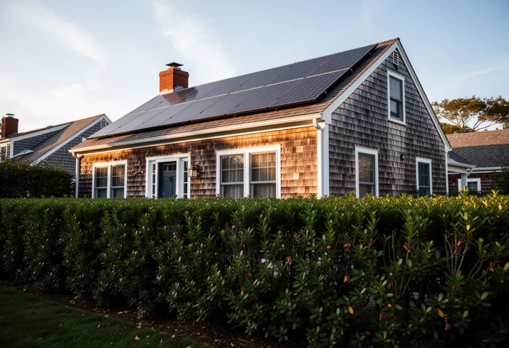 A cedar shingled East End house with rooftop solar panels behind a privet hedge on the South Fork of Long Island