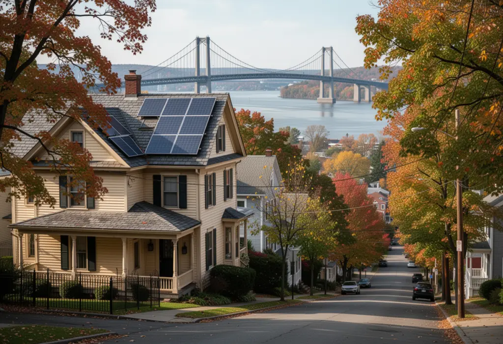 A nineteenth century house with slate roof and solar panels on a tree lined street in Poughkeepsie New York, the Hudson River bridge in the distance