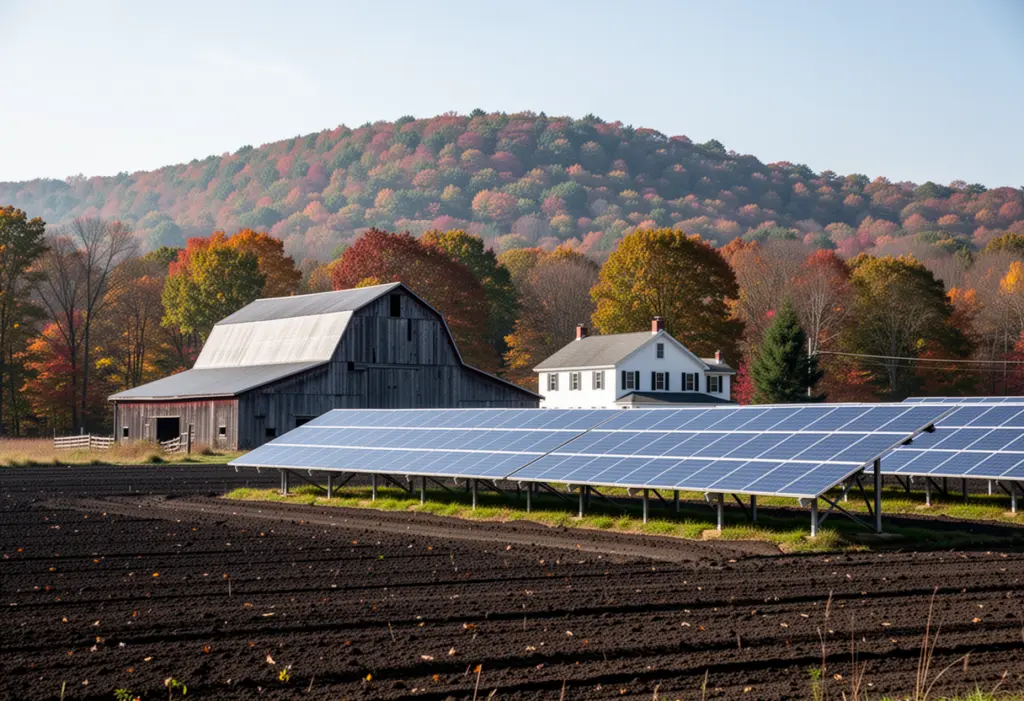 A barn and farmhouse with a ground mounted solar array in the Warwick valley of Orange County New York, ploughed dark fields and a wooded ridge behind