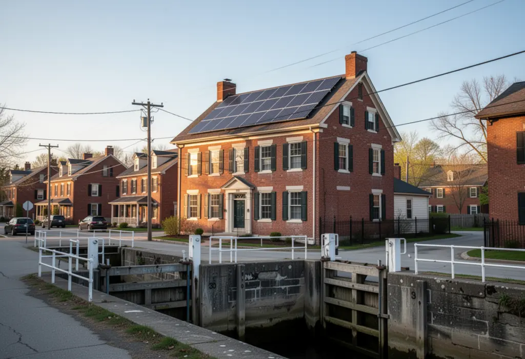 A nineteenth century brick house with rooftop solar panels near the Erie Canal locks in Lockport New York, historic streetscape