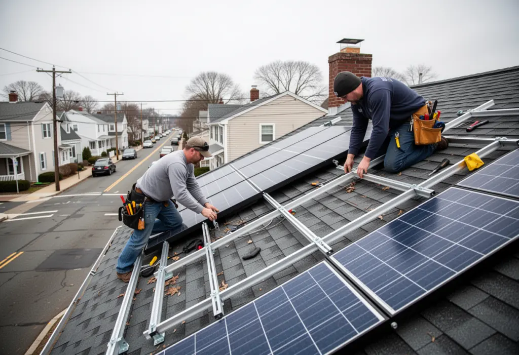 Two installers fitting rooftop solar mounting rails on a modest house near a village main street in Patchogue Suffolk County New York
