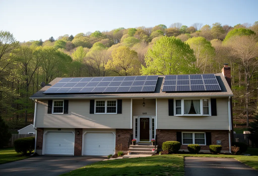 A suburban split-level house with rooftop solar panels in Rockland County New York, wooded hillside behind, clear bright morning
