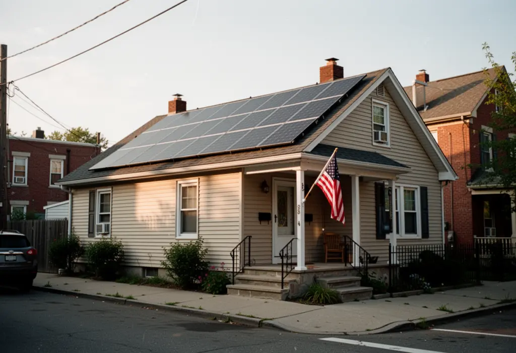 A single storey house on a quiet New York street with a rooftop solar array and an American flag on a porch post