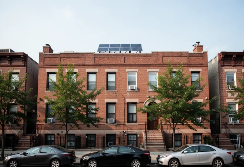 A two family brick house in the Bronx with a flat roof and a small solar array behind the parapet, street trees and parked cars below