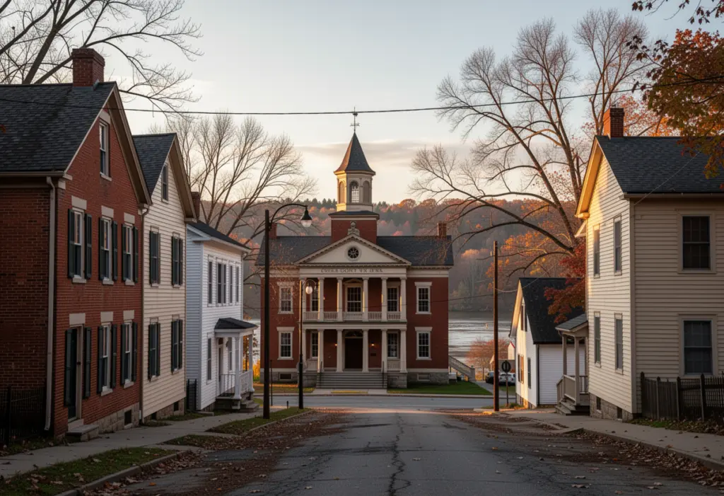 A nineteenth century brick and clapboard main street with a historic courthouse in Owego New York beside the Susquehanna river