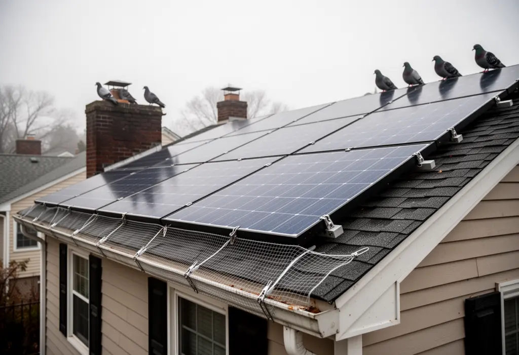 A rooftop solar array on a suburban New York house with fine mesh guard clipped along the lower edge of the panel frames