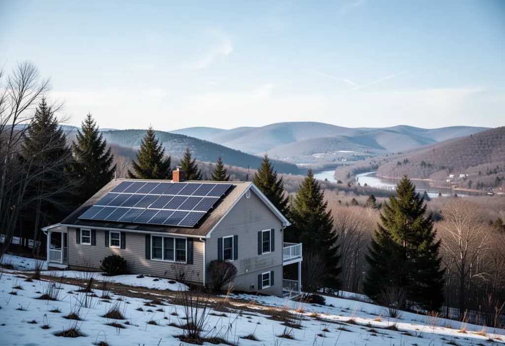 A hillside house with rooftop solar panels above a Catskill valley near Monticello in Sullivan County, New York