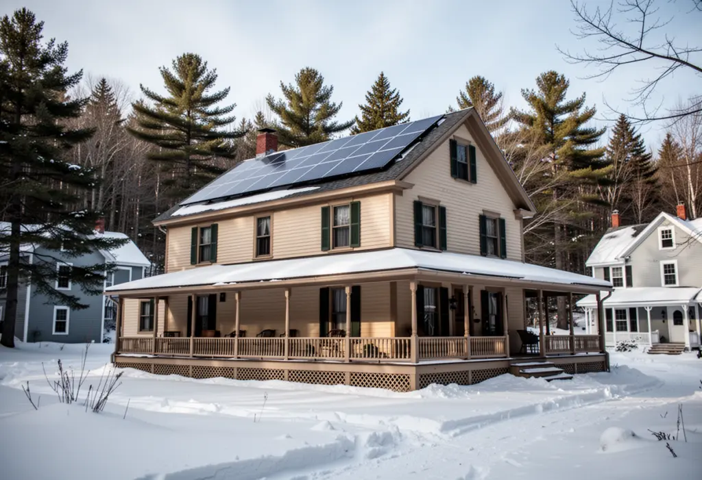 An early twentieth century cure cottage with a wide porch and rooftop solar panels in an Adirondack village, deep snow on the ground and pines behind