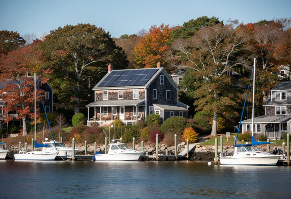 An older wood frame house with rooftop solar panels on a wooded hillside above a Long Island harbour, boats moored below