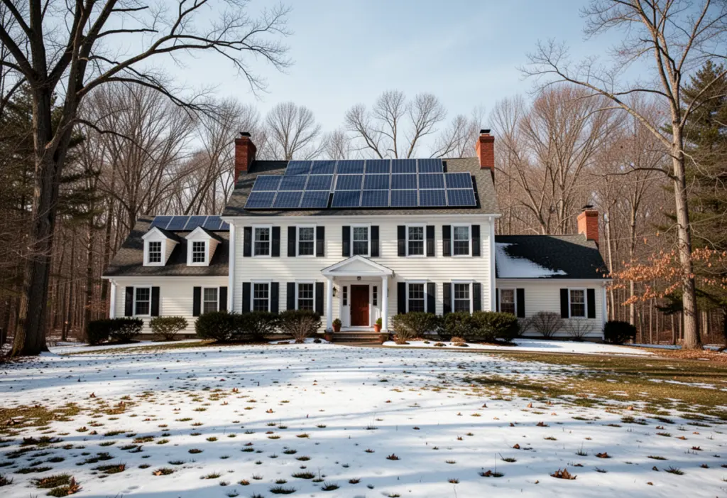 A large colonial house with rooftop solar panels on a wooded lot in the Buffalo Southtowns, snow on the lawn