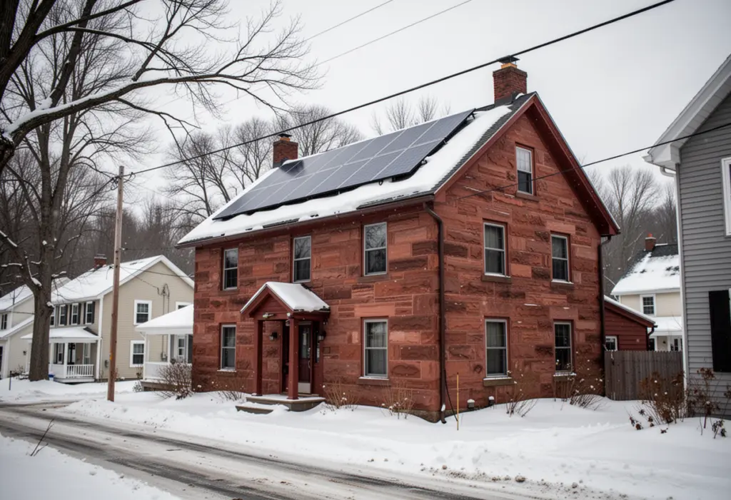 A red sandstone house with rooftop solar panels on a village street in northern New York, heavy snow on the roofs and bare trees