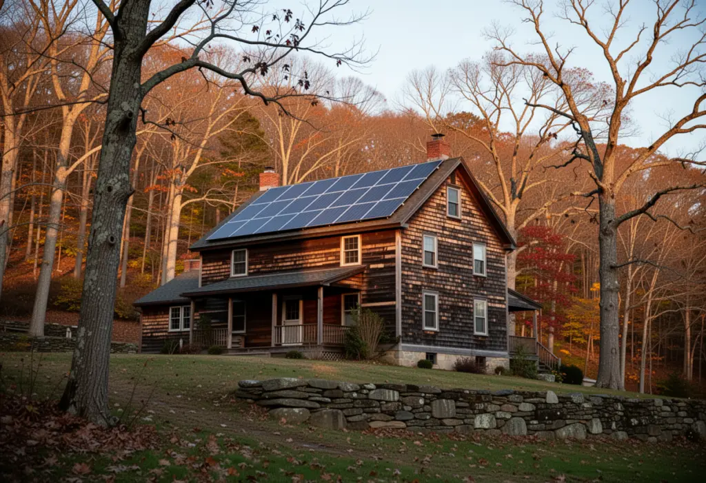 A wood frame house with rooftop solar panels on a wooded hillside near Brewster in Putnam County, New York, bare oak trees and a stone wall