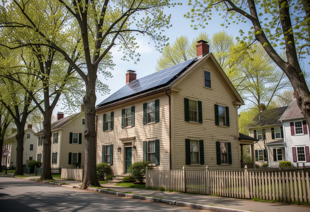 A nineteenth century clapboard house with rooftop solar panels on a village street in Goshen, Orange County, New York