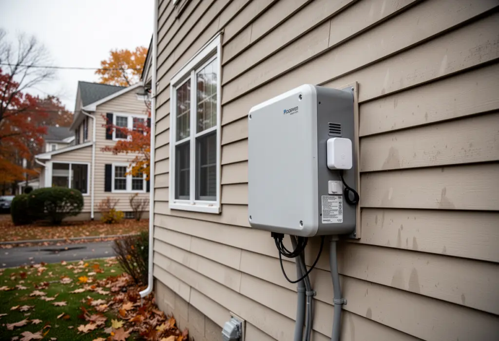 A wall mounted home battery and gateway enclosure on the exterior wall of a suburban New York house in autumn