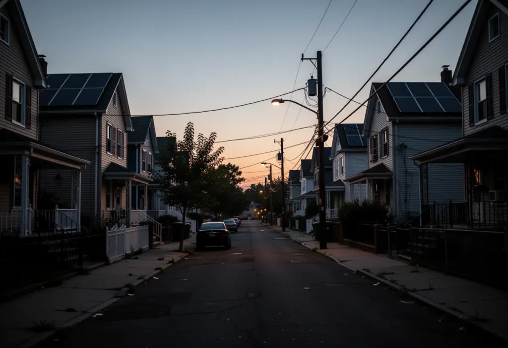 A dark residential street in a New York town during a power outage at dusk, houses with solar panels silhouetted against a fading sky
