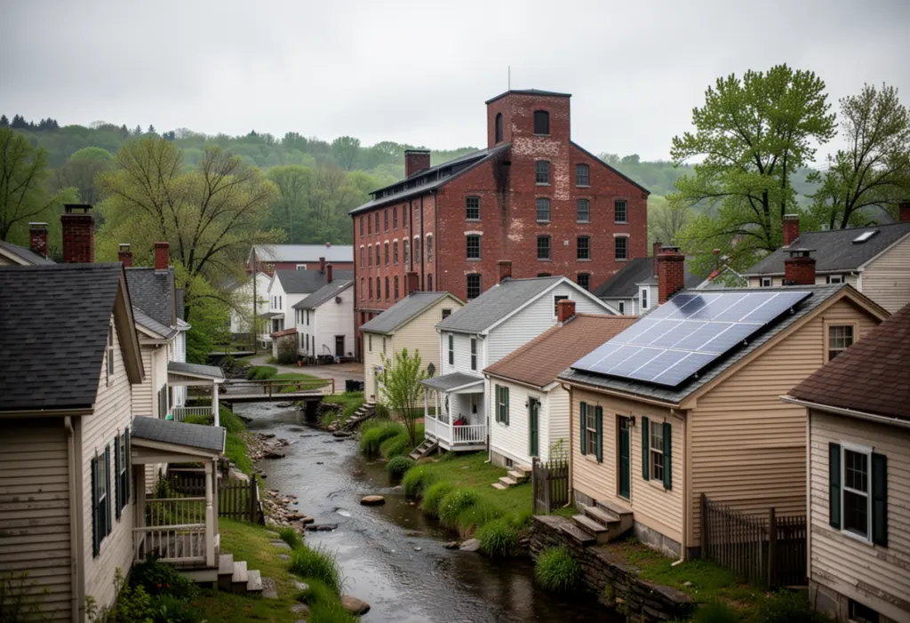 A dense nineteenth century mill village street in Dutchess County New York with modest houses on small lots and rooftop solar panels on one of them