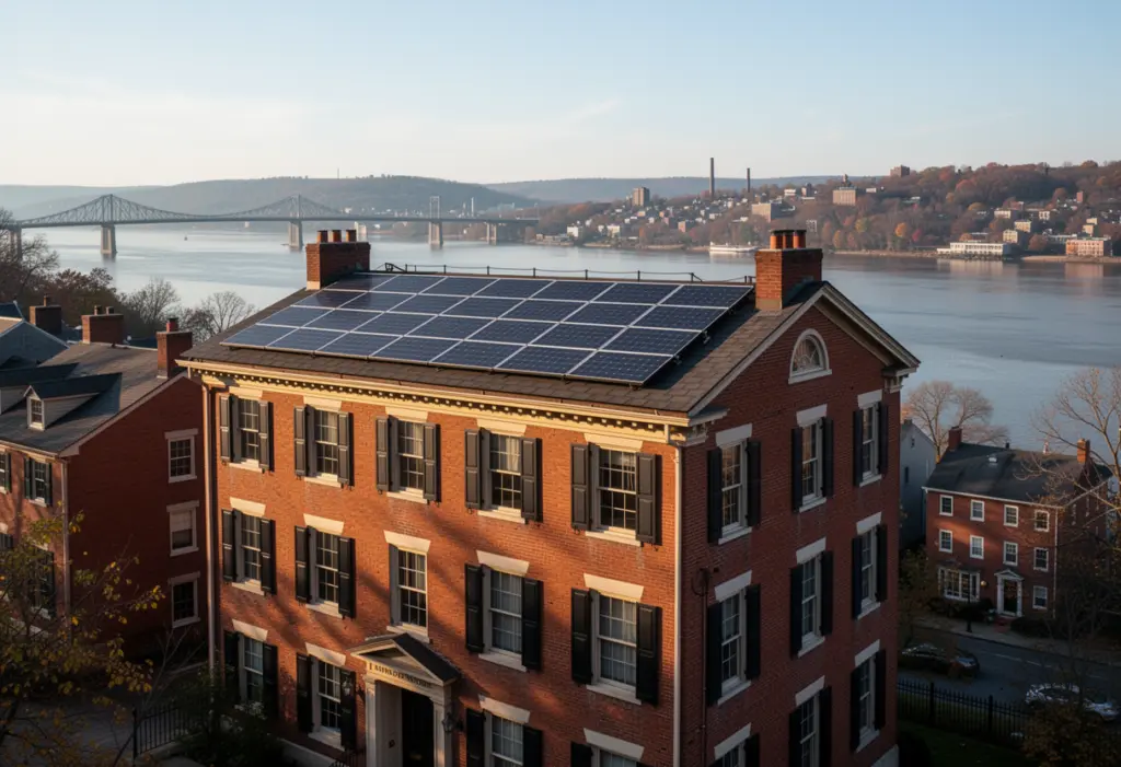 A nineteenth century brick townhouse with rooftop solar panels overlooking the Hudson River at Newburgh New York