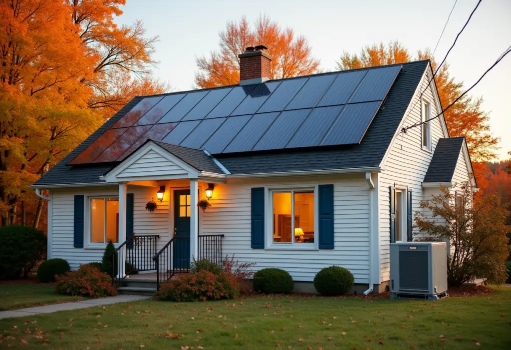 A New York State home in autumn with rooftop solar panels and an air source heat pump unit beside the house, photographed in soft late-afternoon light.