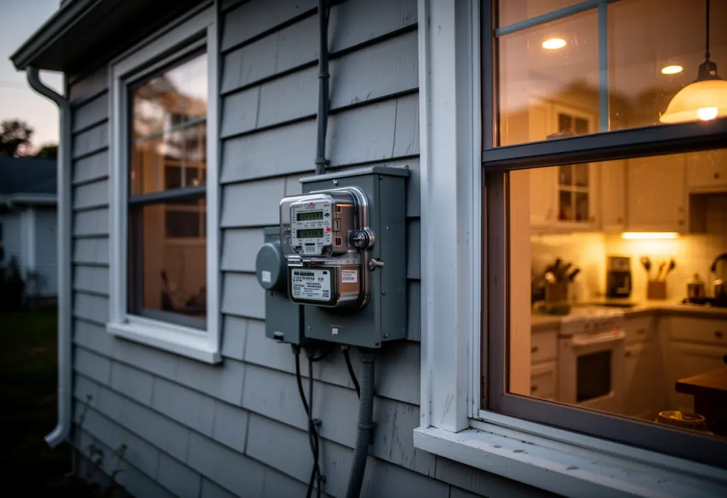 A modern electricity meter on the exterior wall of a Long Island house at dusk