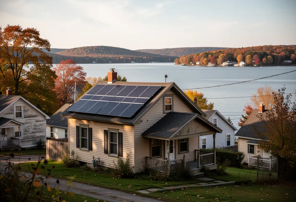 A compact early twentieth century village house with rooftop solar panels near a large lake shore north of Syracuse in central New York