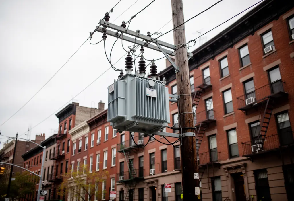 An electrical utility distribution transformer on a pole above a New York City residential street, brick buildings behind