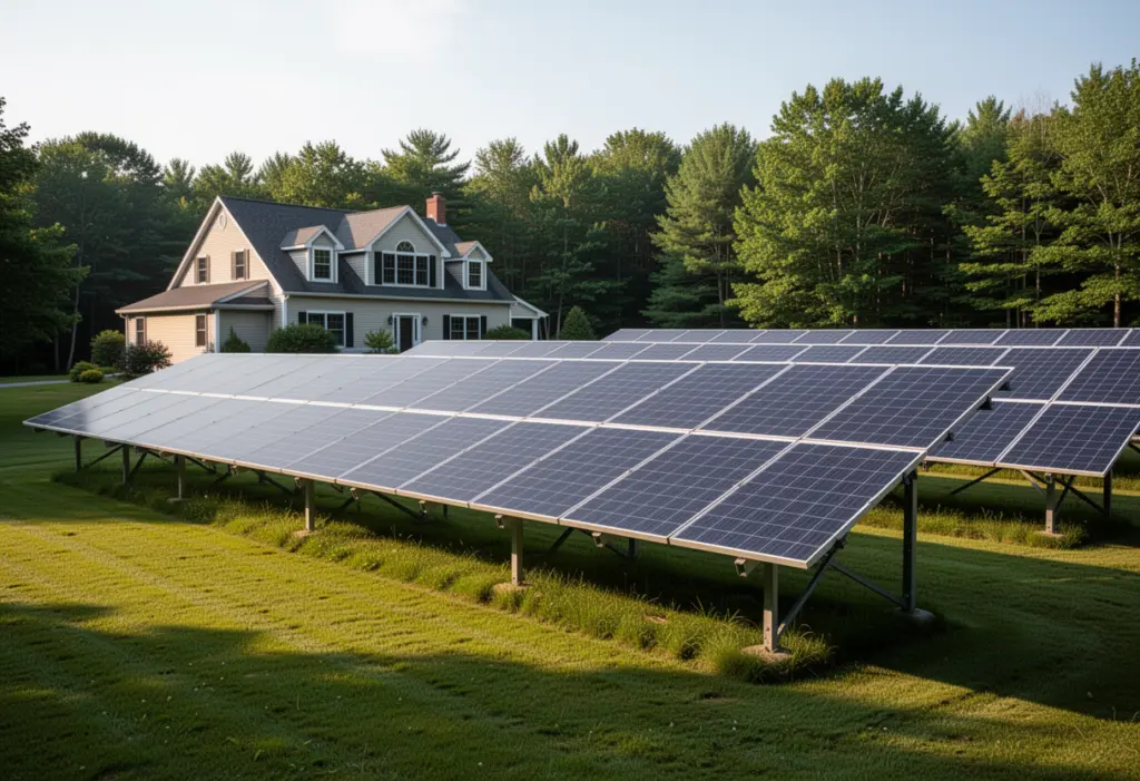 A residential ground-mounted solar array in a rural upstate New York yard with a house behind, mown grass and a treeline