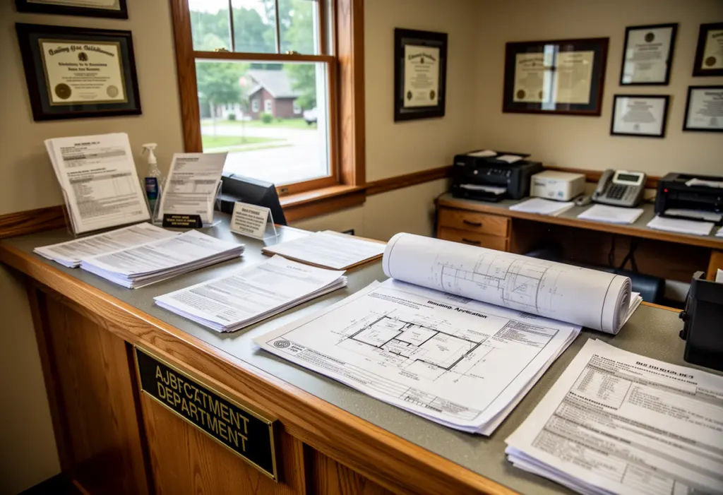 A small town building department counter with permit application forms and a plan set spread out, daylight from a side window