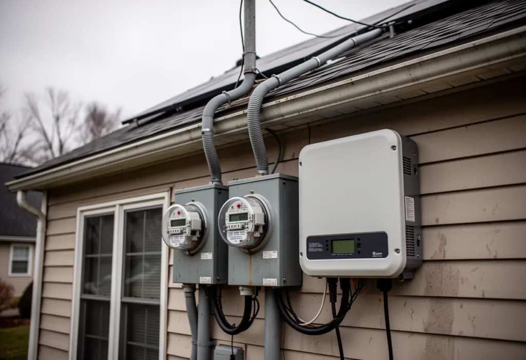A residential electric meter and solar inverter mounted on the exterior wall of a house in Rochester New York, conduit running up to the roof
