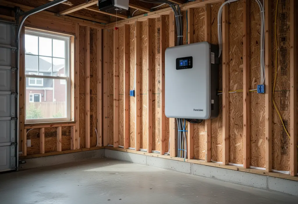 A wall-mounted home battery unit in a clean unfinished garage with exposed studs and a concrete floor, New York house