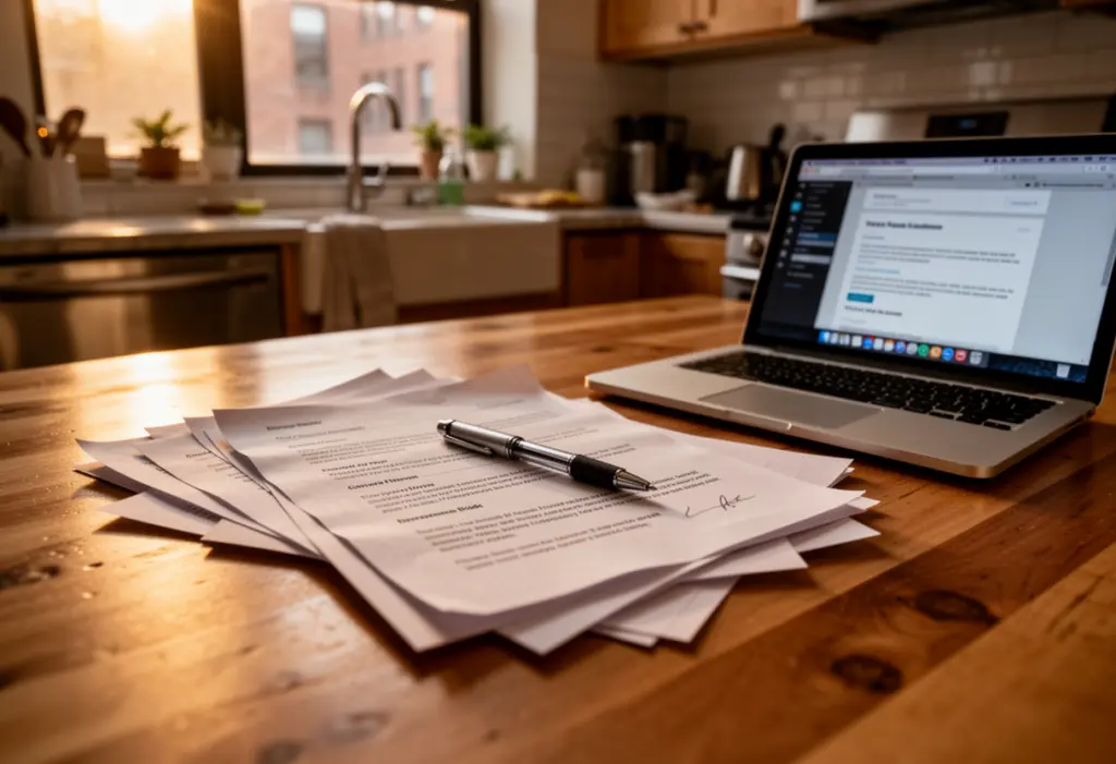 Paperwork and a pen on a kitchen table beside a laptop in a New York home, no legible text