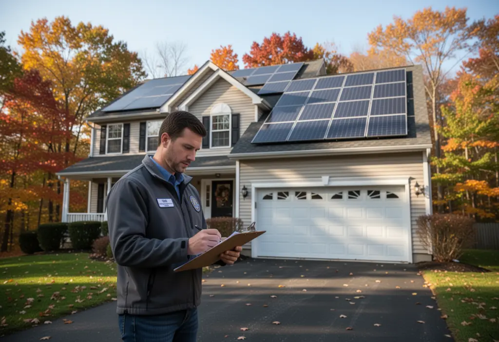 A residential appraiser with a clipboard standing in the driveway of a Capital District house with rooftop solar panels