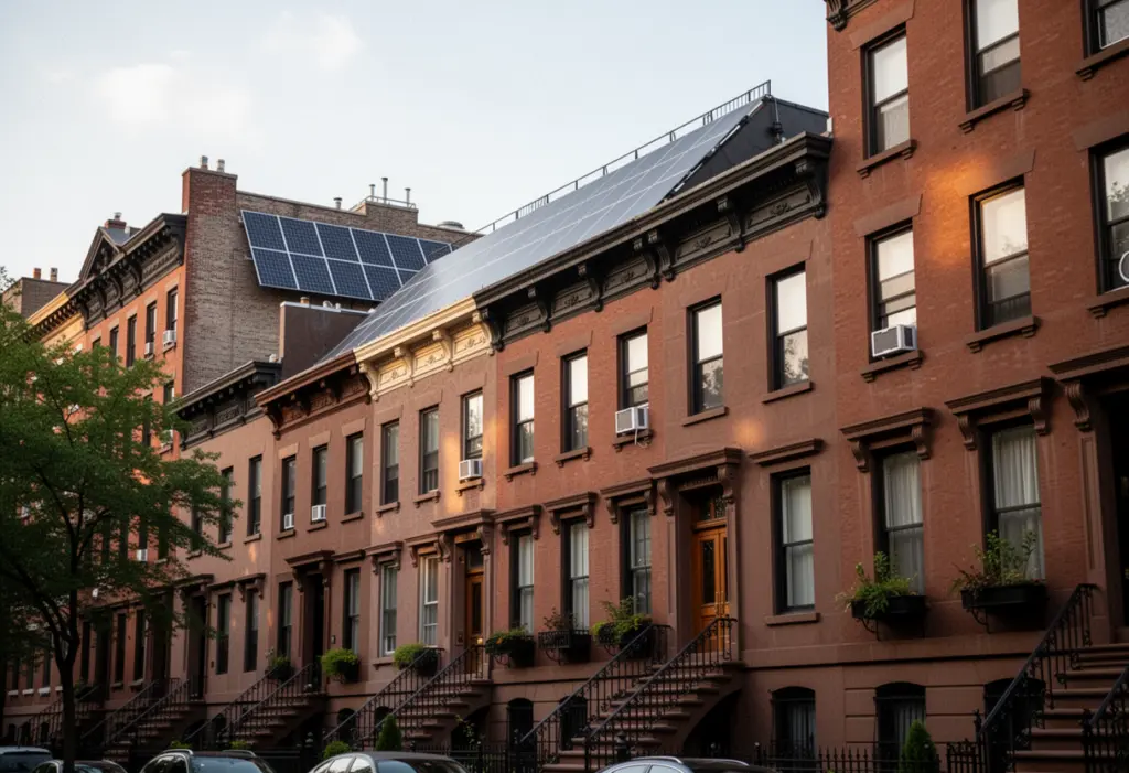 A nineteenth century brownstone row in New York with low profile solar panels on a rear roof slope barely visible from the street