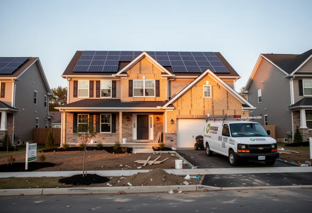 A newly built house in a New York subdivision with solar panels on the roof, landscaping unfinished and a contractor van in the driveway