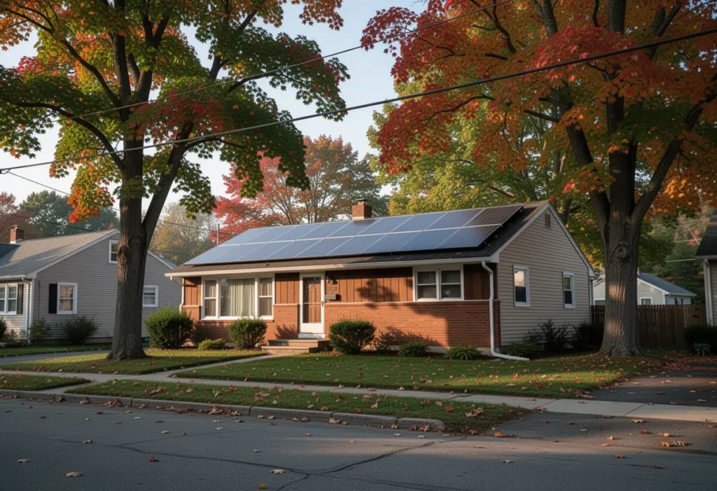 A mid century ranch house with rooftop solar panels on a suburban street near Albany New York, mature maple trees