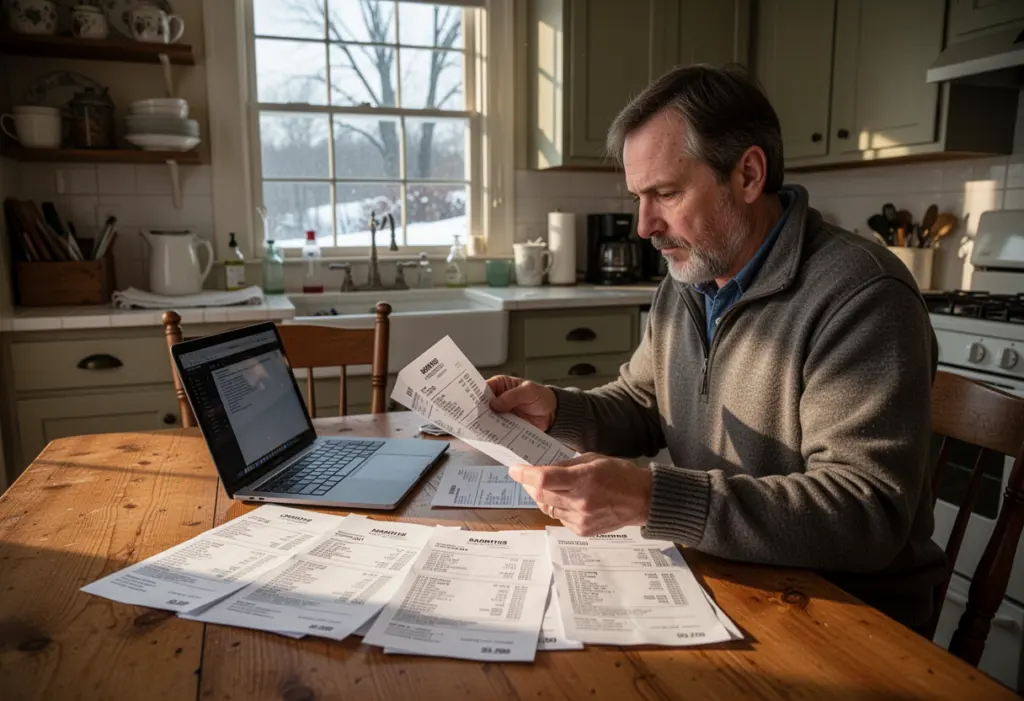 A homeowner at a kitchen table in a Finger Lakes farmhouse in New York reading twelve months of electricity bills with a laptop open