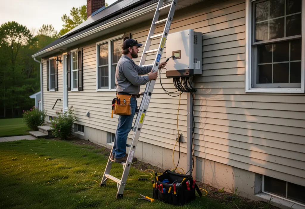 A technician on a ladder examining a string inverter mounted on the side of a house in upstate New York, tool bag on the ground