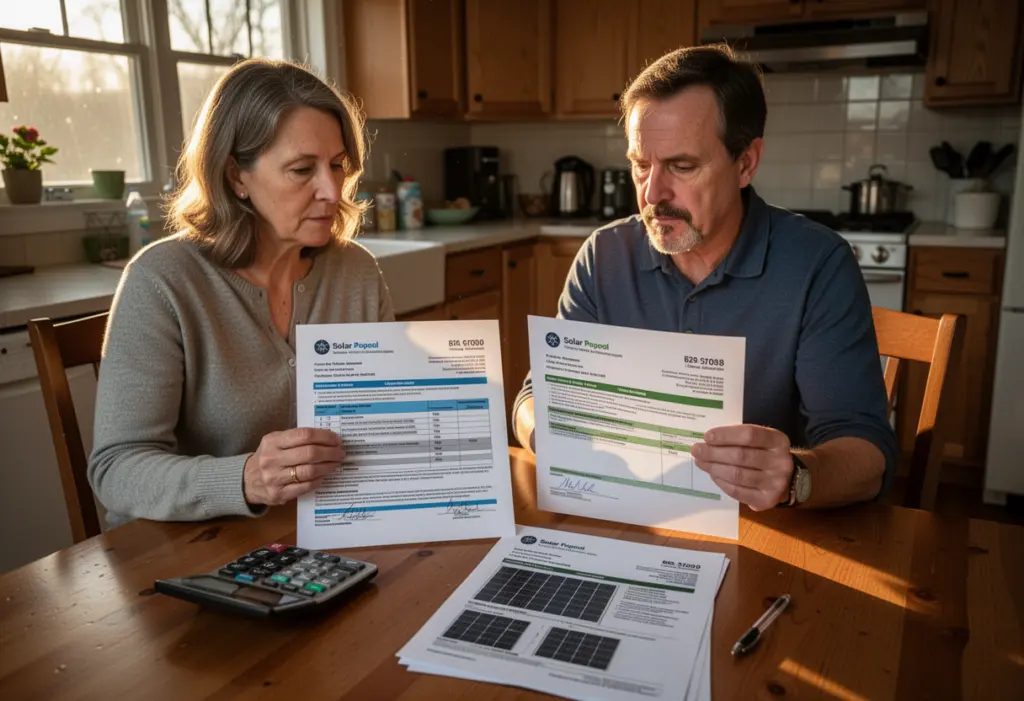 A homeowner at a kitchen table comparing two printed solar proposals with a calculator in a house in the Hudson Valley of New York