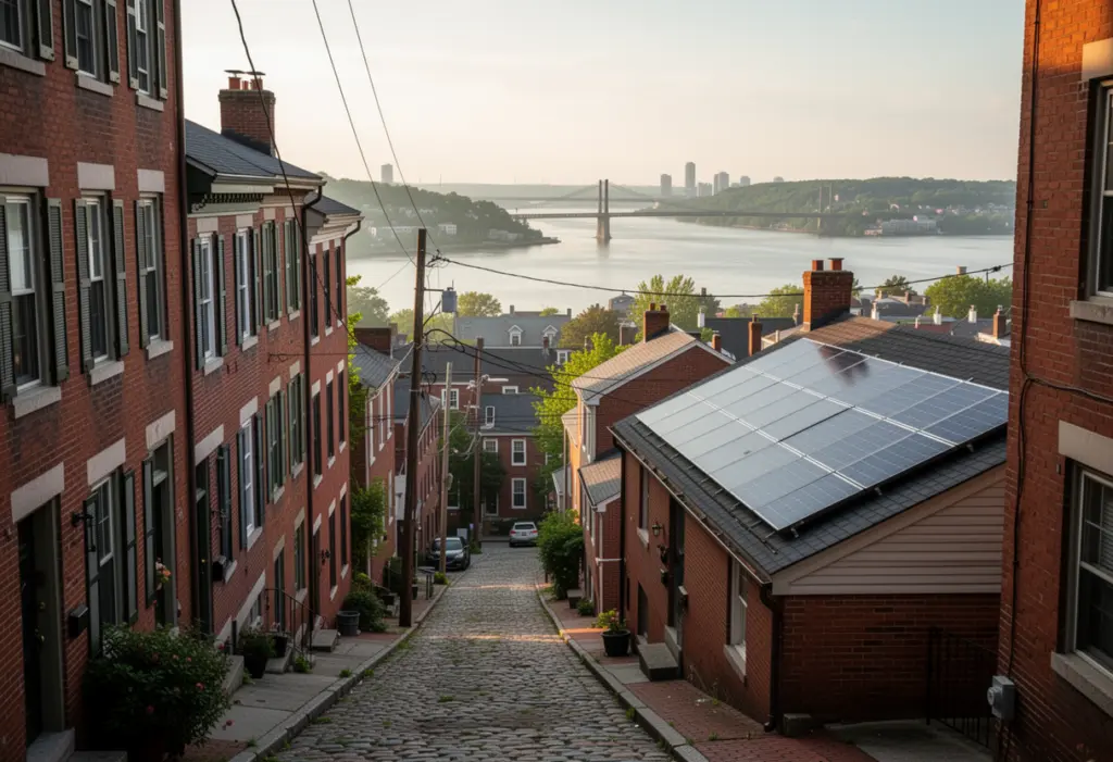 Nineteenth century brick rowhouses on a steep street in Newburgh New York with solar panels on a low slope roof